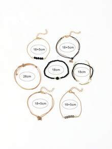 7pcs Handmade Beaded Bracelet Set, Black Crystal Beads, Rice Beads, Contrast Color Pendant, Minimalist Ins Style - Gold - View 6
