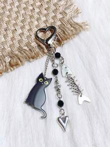 Street-Style Minimalist, Personalized, And Cool Acrylic Cat And Fish Bone Pendant, Handmade Beaded Keychain - Silver - View 6