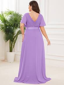 EVERPRETTY Plus Size Elegant V-Neck Ruched Formal Bridesmaid Dress Wedding Spring Party - Mauve Purple - View 4