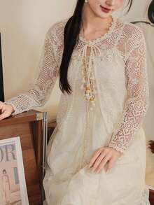 女士蕾丝针织披肩开衫，轻盈镂空长袖罩衫，夏季度假风 - 杏色 - 查看 2