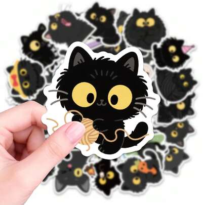 Sad Black Cat Stickers, 50pcs Cute Animal Face Decorative Decals For Journaling, Scrapbooking, Diary Notebook Decoration, Planner Accessories, Gift For Friends, Waterproof Vinyl, Emotional Style Scrapbook Supplies