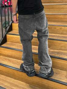 Men's Denim Jeans Flared Leg Jeans, Slim Fit Distressed Flare Leg Jeans, Y2K Stacked Jeans, Versatile Washed Embroidered Jeans For All Seasons - Black - View 2
