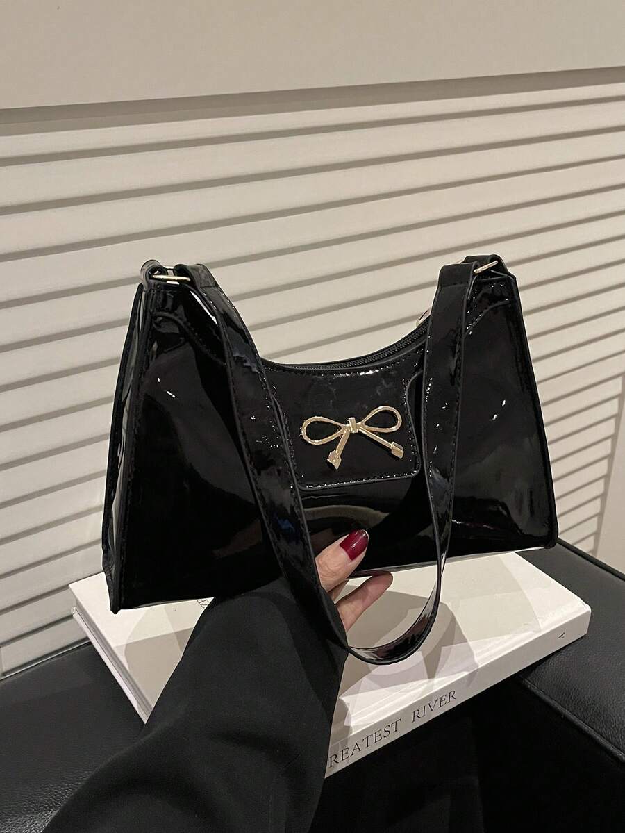 时尚酒红色纯色镜面女士单肩包，奢华优雅手提包 - 黑色 - 查看 1