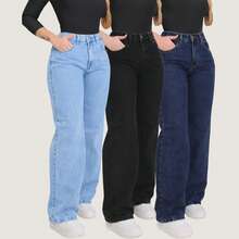 Set Of 3 Women's Wide Leg Jeans, Graphite Gray, High Waist, Casual, Elegant, Boho Style, With Pockets, Button And Zipper, All Seasons - 淺藍色 - 黑色 - 深藍色 - 查看 1