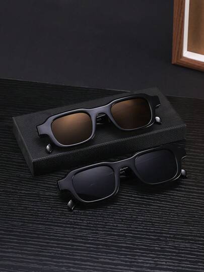 2副男士方形时尚眼镜，经典黑色聚碳酸酯镜框，休闲风格，适合日常户外佩戴，带眼镜盒