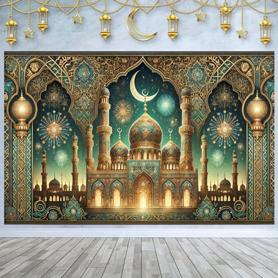 1 Set Of Eid And Diwali Decorations, Featuring Blue-Green Islamic Designs With Golden Stars, Crescent Moons, And Lanterns. This Polyester Backdrop Is Ideal For Photo Booths. - Multicolor - View 1