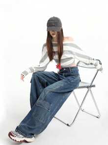 Retro American Design High Waist Loose Slimming Wide Leg Cargo Jeans - Blue - View 3