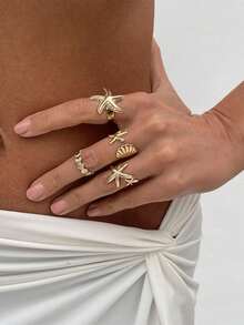 4pcs/Set Boho Style Starfish & Shell Adjustable Rings Set, Personalized Ocean Holiday Stackable Finger Rings - Gold - View 3