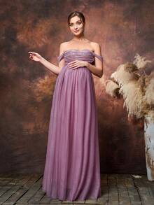 Faeriesty Elegant Maternity Off-Shoulder Maxi Party Gown Sequin Embellished Mesh Fabric, Chest Ruched Detailin - Mauve Purple - View 4