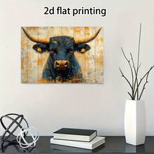 [2D Flat] 1pc Rustic Wooden Framed Canvas Wall Art - Black Bull Ox Abstract Painting, 11.8x15.7 Inch, Weathered Blue & Golden Hues, Perfect For Bedroom, Kitchen, Office, Bar, Farmhouse, Living Room Decor, Office Decoration |   Weathered Finish |   Durable Canvas, Wall Decor - Nhiều màu - Xem 5