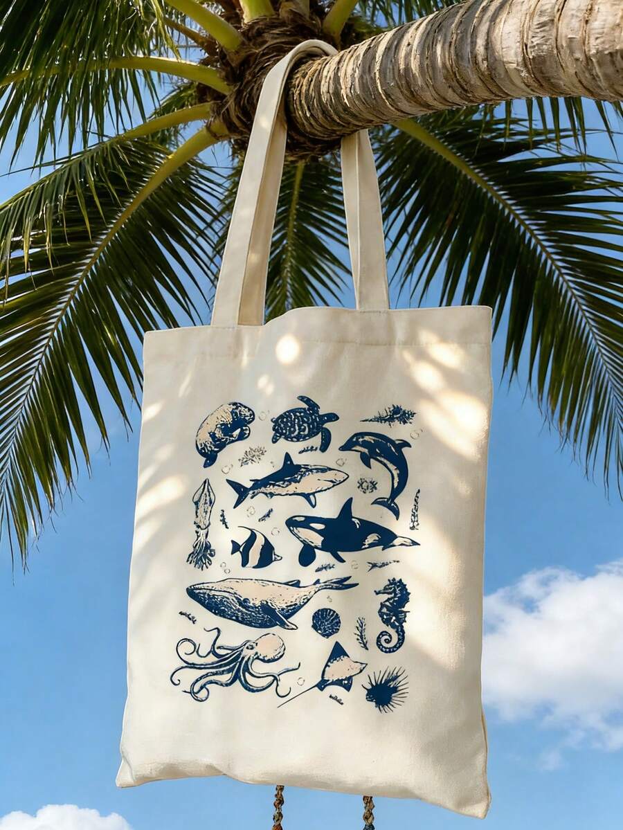 1个复古纹身海洋动物可重复使用手提袋，可折叠大容量休闲购物袋，简约波西米亚风格手提包，适合工作、旅行、购物、上学等场合。