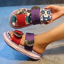 女士厚底极简时尚多巴胺涂鸦印花魔术贴凉鞋 - 中紫紅色 - 查看 4