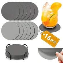 16个杯垫+1个杯垫架 - 玻璃杯垫和饮料杯垫，双面设计，防滑，仿皮材质，皮革质感，采用优质仿皮和PU皮革制成，适用于桌面保护 - 彩色 - 查看 10