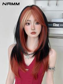NAMM 24英寸中长直发拼接黑红浅金假发，女士分层合成假发，带刘海，耐热纤维全机拉直假发，适合日常办公佩戴、角色扮演、樱花庆典、魅力派对、街头风、摄影等场合，是送给女孩的礼物，也是假发配件的理想之选。 - 彩色 - 查看 2