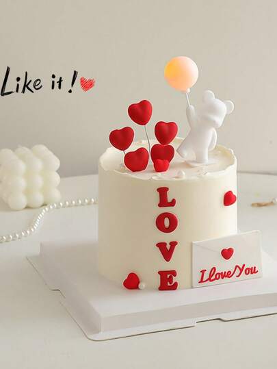 Romantic Bear And Heart Cake Decor Set - White Bear Holding Balloons, Red "LOVE" Lettering, Heart Decorations, And "I Love You" Envelope Decorations | This Decorating Set Is Perfect For Cake, Cupcake, And Dessert Displays, And Is Ideal For Valentine's Day, Birthdays, Baby Showers, Weddings, And Graduation Parties, Elevating The Decorating Style Of Any Sweet Celebration