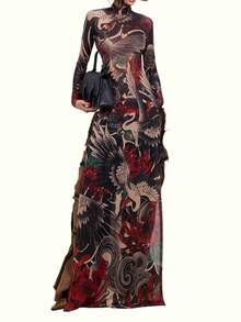 Summer Street Snake Skin Pattern High Neck High Slit Long Top - Multicolor - View 4