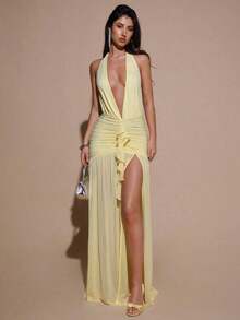 2026BAE Sexy Minimalist Solid Yellow Cream Deep V-Neck Halter Bodycon Ruched Fitted Women's Maxi Mesh Dress, Suitable For Party, Cocktail, Formal Occasions, Bridesmaid, Birthday, Business Casual, Elegant Women Maxi Dress,Valentine's Day,Valentine Fits For WomenLoose And Comfortable,Casual And Easy-Goin - 珊瑚粉 - 查看 8