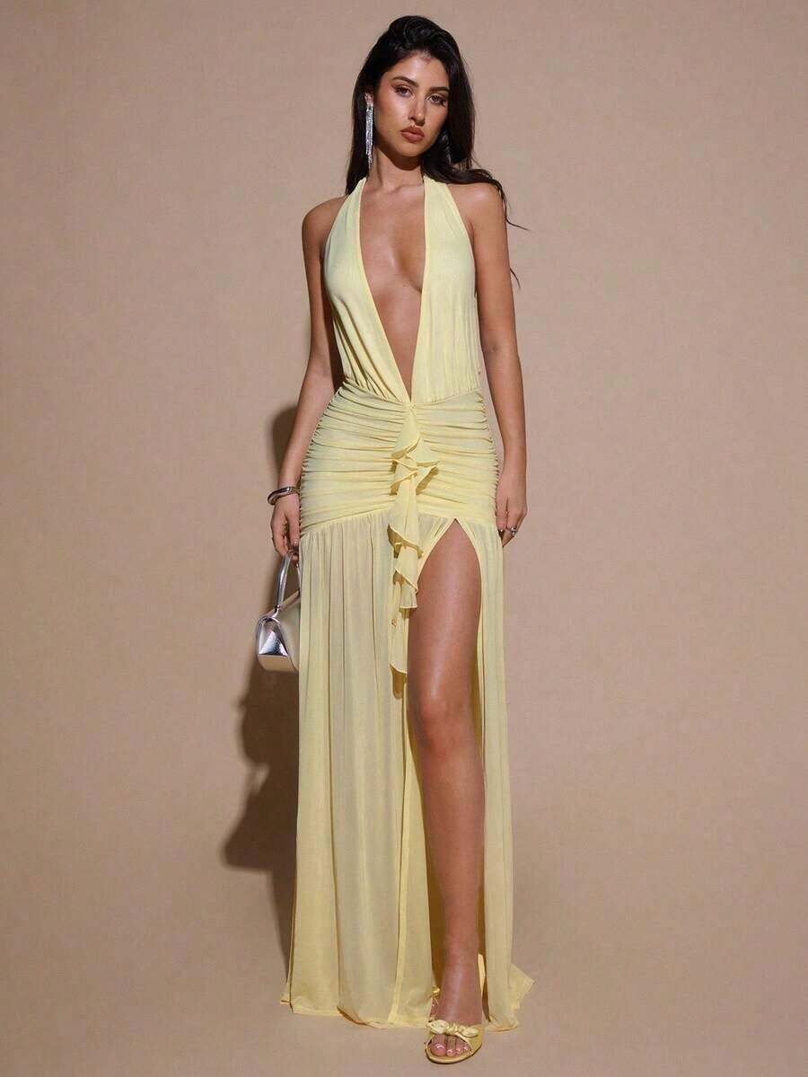 2026 Dresses For WomenBAE Sexy Minimalist Solid Yellow Cream Deep V-Neck Halter Bodycon Ruched Fitted Women's Maxi Mesh Dress, Suitable For Party, Cocktail, Formal Occasions, Bridesmaid, Birthday, Business Casual, Elegant Women Maxi Dress,Valentine's Day,Valentine Fits For WomenLoose And Comfortablevestidos - 淡黃色 - 查看 1