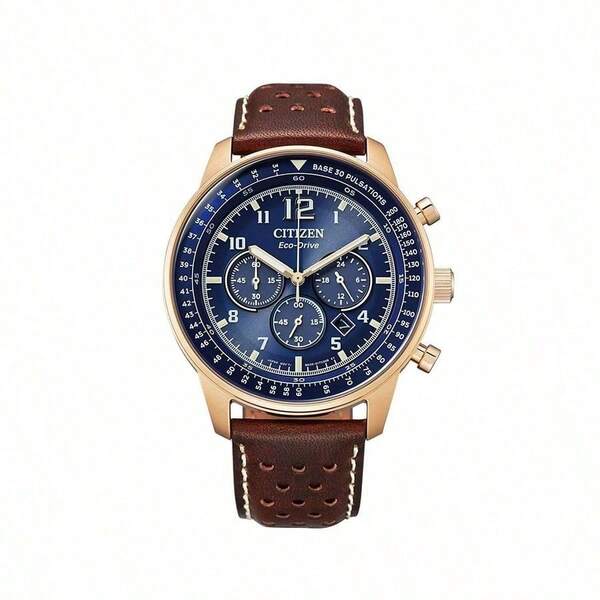 CITIZEN Watches For Men Solar Powered -Drive Chronograph Watch Blue Dial Rose Gold Case Vintage Rally Leather Strap For Sport & Travel