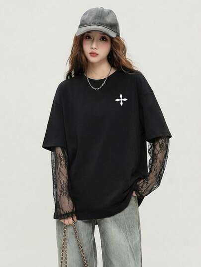 2026 New Lace Patchwork Sleeve Printed T-Shirt, Avant-Garde Comfortable Versatile Women Long Sleeve Top