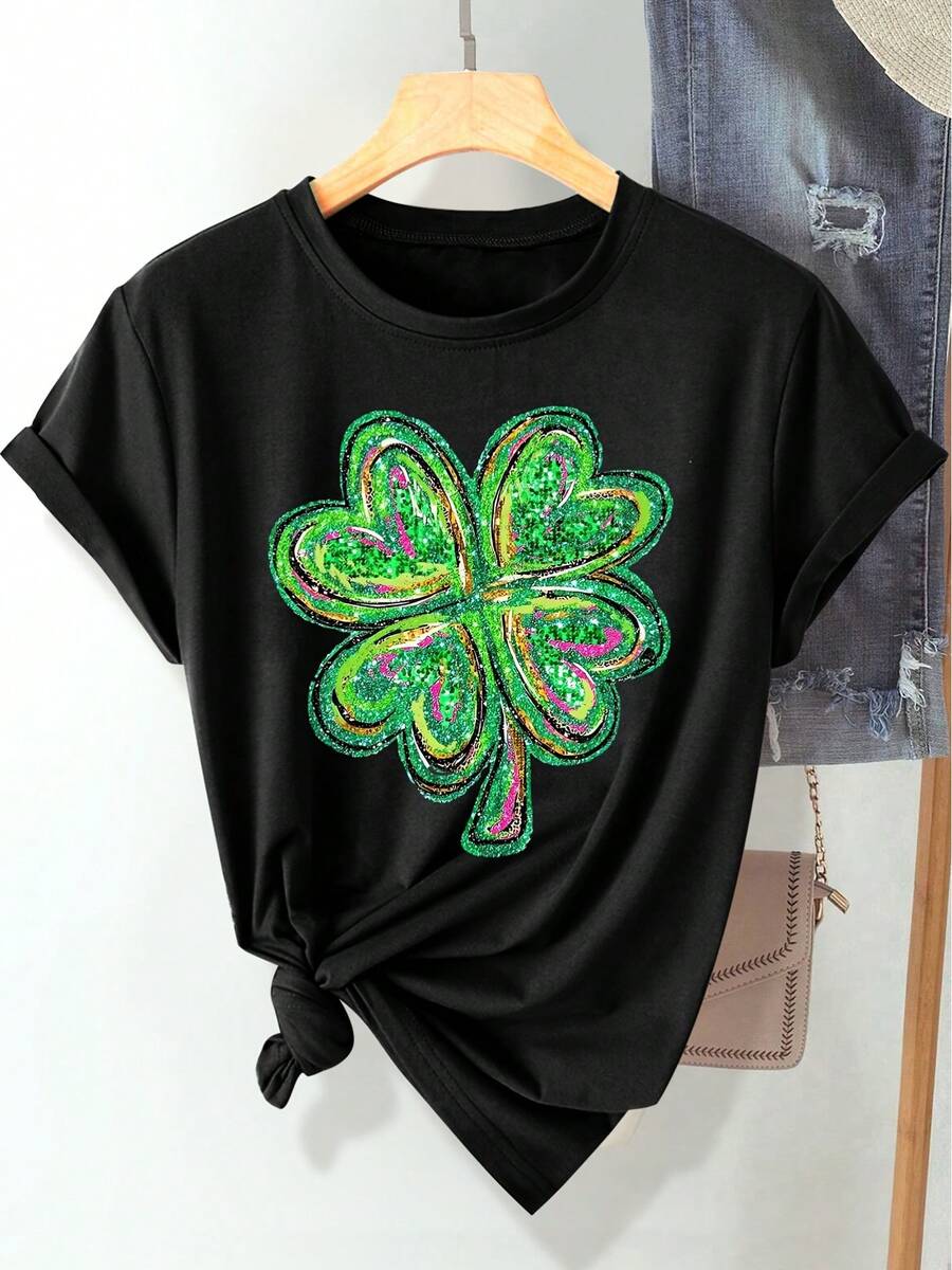 (St. Patrick's Day) Green Pink Black Glitter Texture Design Four-Leaf Clover Pattern Print Fashion Elegant Women's Spring Summer Autumn Casual Sports Style Top Soft Comfortable Round Neck Short Sleeve T-Shirt Available In S-XXL - 黑色 - 查看 1