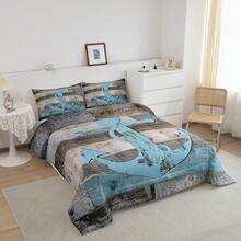 Castle Fairy 3pcs Anchor Nautical  Comforter Set Queen/King Size Fish Hook Lake House Fishing Theme Bedding Set Suitable For Women  Adults Room Decor Wooden Plank Camper  Comforter Blue Rustic Bedding Set 2 Pillowcases - 灰色天藍色 - 查看 4