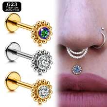 Giga 1PC ASTM F136 钛金属 16G 迷你串珠唇钉，无螺纹 CZ 花朵平底耳钉，适用于耳屏、耳软骨、耳廓、鼻部等部位的穿孔，经典款，女士适用 - 銀色 - 查看 1
