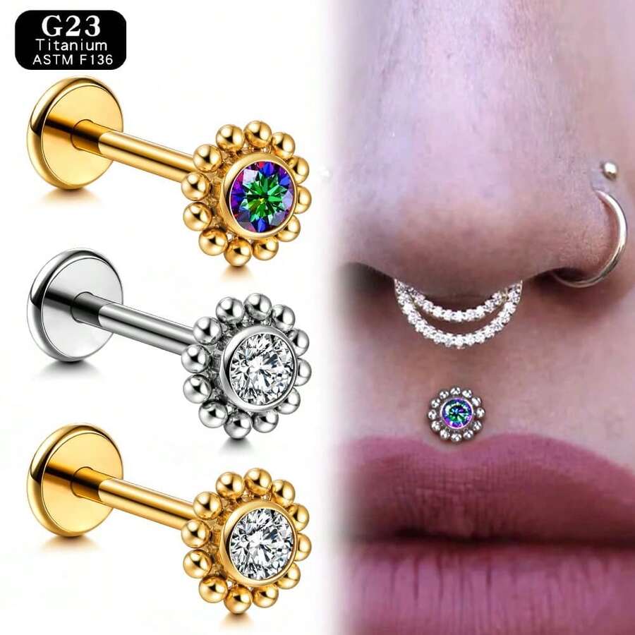 Giga 1PC ASTM F136 钛金属 16G 迷你串珠唇钉，无螺纹 CZ 花朵平底耳钉，适用于耳屏、耳软骨、耳廓、鼻部等部位的穿孔，经典款，女士适用 - 銀色 - 查看 1