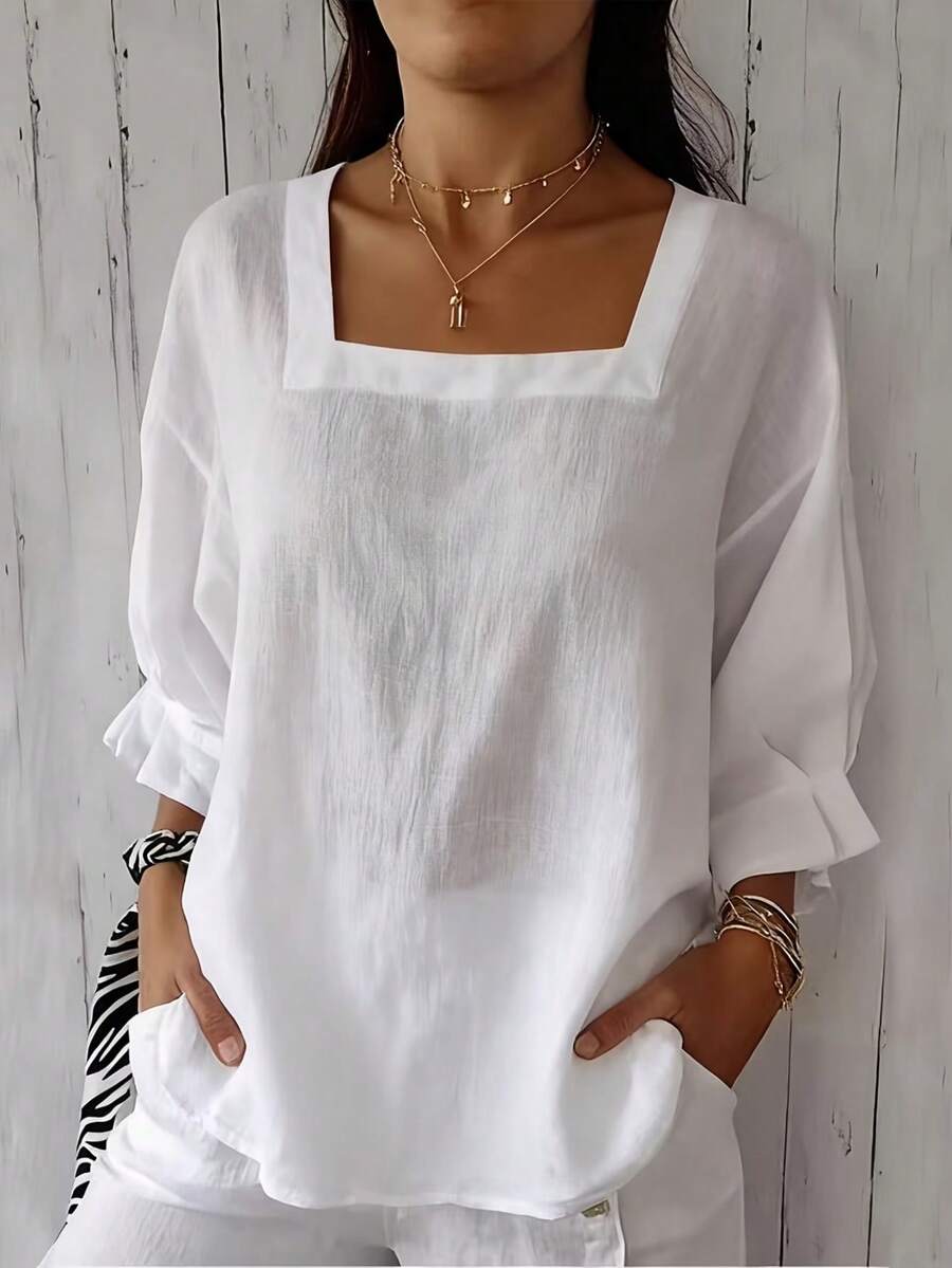 Áo kiểu nữ cỡ lớn tay ngắn màu trơn cổ vuông vai rớt tay nhún bèo mùa hè màu trắng - trắng - Xem 1