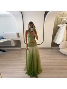 Summer New Temperament Neck Sling Skirt Set Gradual Change Loose Dance Skirt - Hồng - Xem 2