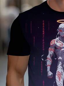3D Digital Print Men'S T-Shirt | Casual Wear For Home Office Gym, Purple Futuristic Design, Lightweight, Durable, Comfortable Fit, Fashion Statement, Crew Neck, All Over Print, Perfect For Summer - 黑色 - 查看 4