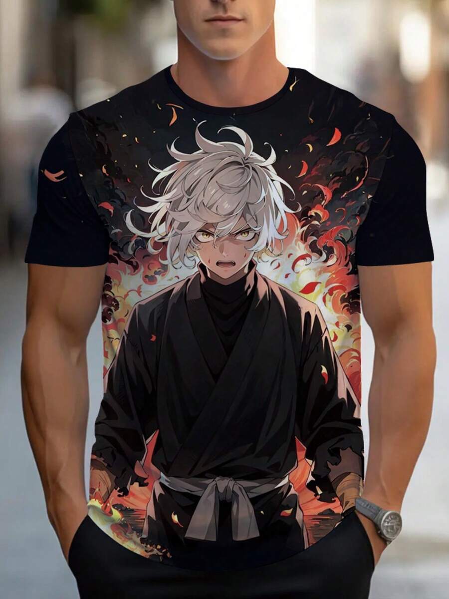 Men's 3D Anime Character T-Shirt - Full-Body Print Short Sleeve Shirt With Full-Color Anime Artwork, Lightweight Comfortable Round Neck Summer Casual Wear, Durable Black Base With Colorful Anime Design For Themed Outfits - 黑色 - 查看 1