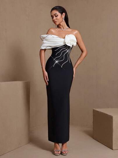 Vestido de noche formal asimétrico con decoración de flores 3D y cristales de colores elegante para fiesta