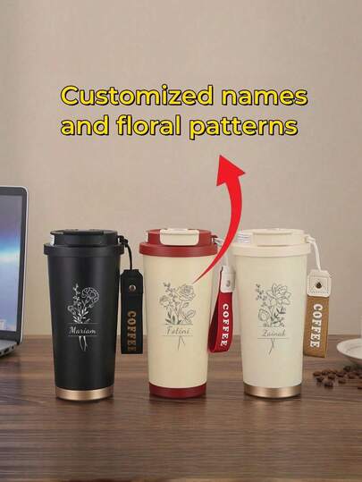 1pc Customizable Stainless Steel Portable Coffee Cup/Mug/Car Cup, Decorated With Floral Pattern Elements, Comes With Straw And Lid, Can Customize Personal Text And Name, Reusable, 500ml Capacity, Beautiful And Fashionable, Unisex, Suitable For Gifts, Valentine's Day, Mother's Day, Christmas, Birthday