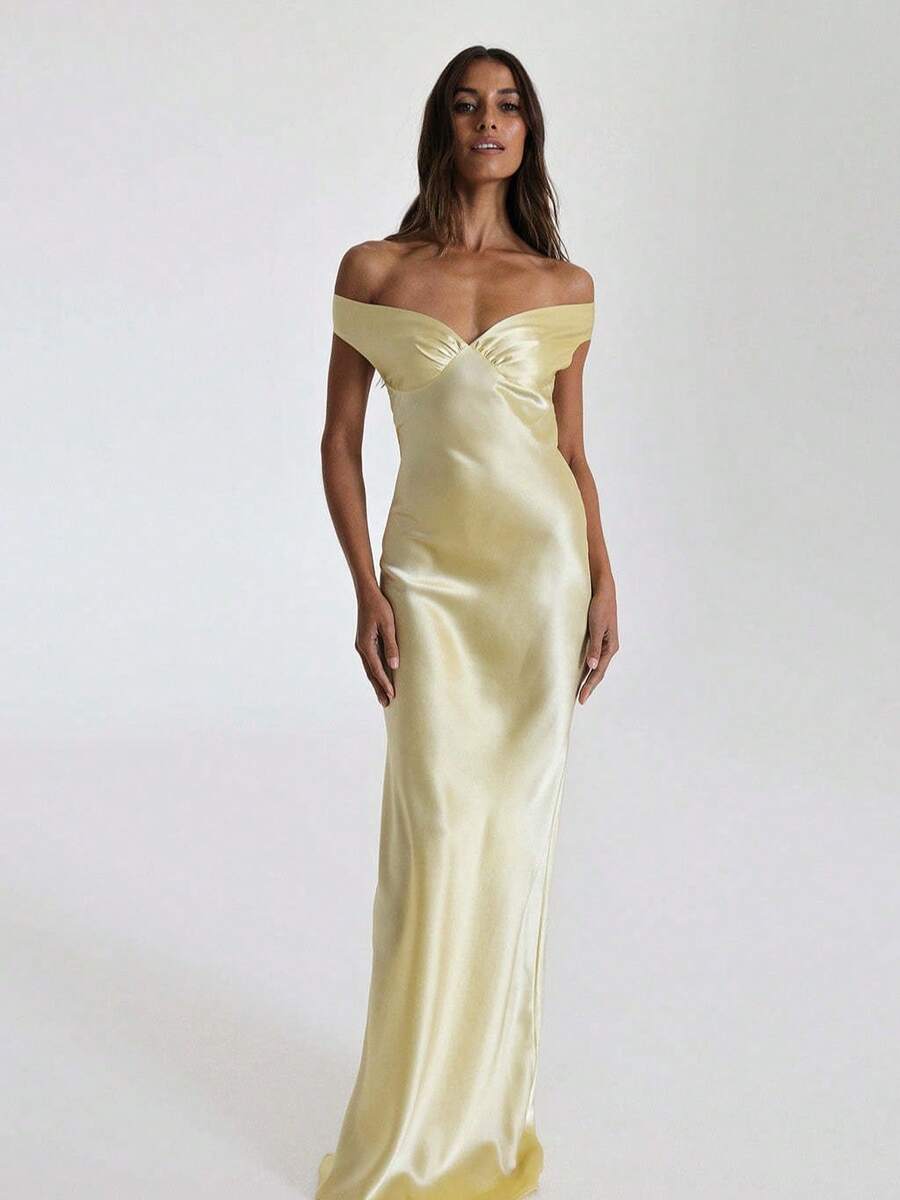2026 New Arrival Women's European American Luxury Mermaid Satin Long Dress - Elegant Off-Shoulder Evening Gown - 淡黃色 - 查看 1