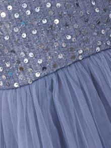 Girls' Elegant Solid Color Sequin Mesh Dress, Spring/Summer - Navy Blue - View 5