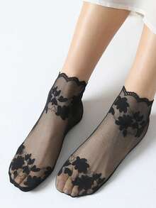 Vớ thuyền nữ màu trơn ren, vớ chống trượt dáng ngắn, quà tặng Giáng sinh. - Không khuôn - Xem 3