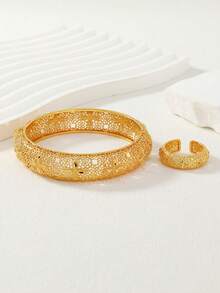 2pcs Middle Eastern Ramadan Hollow Pattern Full Bangle & Ring Jewelry Set, Ideal Ramadan Festival Gift - Yellow Gold - View 5