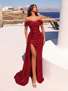 ADYCE Vestido largo de fiesta con hombros descubiertos, fruncido y abertura alta, adecuado para bailar, fiestas de cóctel, con lazos de cinta fluidos - Rojo - Ver 3