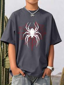 This Spider-Themed Printed Short Sleeve T-Shirt Is A Perfect Casual And Fashionable Choice For Teenage Boys. - Dark Grey - View 10