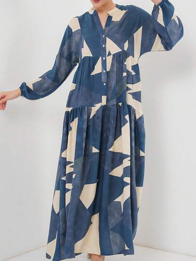 Elegant And Dignified Women's Long Sleeve Button Front Dress With Leaf Print, Slightly Stretchy Fabric, Suitable For Party Wear