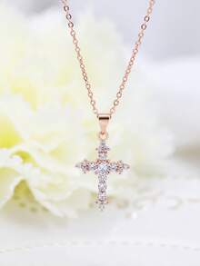 Dây chuyền mặt thánh giá bằng bạc 925 đính đá Cubic Zirconia, thiết kế tối giản cổ điển, phù hợp cho nữ, đeo hàng ngày, quà tặng sinh nhật. - Hoa hồng vàng - Xem 2