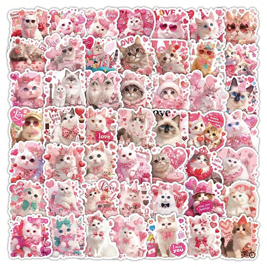 50PCS Valentine's Day Cute Cat Pink Romantic Heart Series Graffiti Stickers, Waterproof Stickers Suitable For Decorating Phone Cases, Laptops, And Water Cups, Perfect Gift Choices For Easter, Valentine's Day, And Parties - Square - View 1