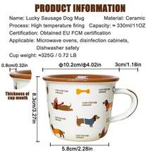 1 Stück Glücklicher Dackel Keramik Kaffeebecher, mit süßer Hund Illustration und Messmarkierungen, mikrowellengeeignet, nur Handwäsche, isoliert, geeignet für heiße und kalte Getränke, perfektes Geschenk für Hundeliebhaber | verspieltes Tiermotiv | strapazierfähige glänzende Keramik, Kaffee Bar Zubehör - Verschiedenfarbig - Übersicht 4