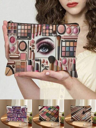 Makeup Bag With A Makeup Tool Print, Shimmering Star Eyeshadow Pattern, Zipper Closure Toiletry Bag, Large Capacity Makeup Storage Bag - Elegant Design, Multi-Functional And Reusable, Women'S Travel Makeup Bag, Perfect Gift For Birthdays And Holidays - Luxurious And Stylish Cosmetic Storage Bag, Suitable For Travel And Wedding Parties, Ideal For Storing Small Items, Cosmetics, Etc.