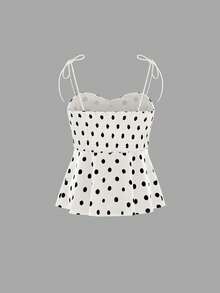 Women's Casual Elegant Versatile Polka Dot Sleeveless Fitted Tank Top With Bow Tie Strap Design And Flared Hem, Suitable For Spring/Summer - Black and White - View 8