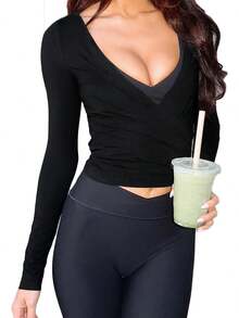 Women Ballet Wrap Top V Neck Solid Long Sleeve Self Tie Dance Shirt Pilates Yoga Tops Y2k Workout Active Blouses Clubwear For Daily Party - 黑色 - 查看 2