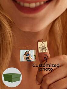 Customized Photo Necklace, Engraved Gold Photo Outline Necklace, Memorial Jewelry, Mother's Gift, Her Birthday Gift, Christmas Gift - Gold - View 1
