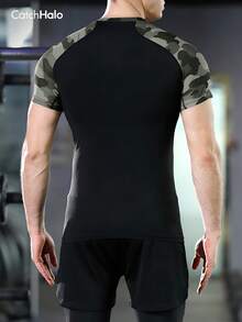 Men's Fitness Compression Shirt, Black Camouflage Sports T-Shirt, Elastic Breathable Quick-Dry, Suitable For Training, Running, Basketball And Daily Wear - 彩色 - 查看 2