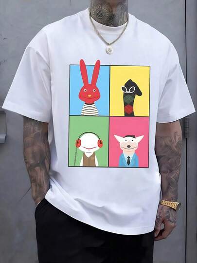 O coelho vermelho estiloso com listras e o cachorro de terno com gravata preta representam a diversão e o profissionalismo em harmonia, enquanto o alienígena de fones de ouvido e a meia estampada adicionam um toque de originalidade e bom humor esta camiseta deportiva para hombre está hecha de 100% algodón es perfecta para un uso cómodo y transpirable todo el día mostrando un espíritu juguetón y moderno a través de su peculiar arte gráfico que evoca la creatividad y la individualidad cada panel es una expresión de personalidad combinando elementos inesperados para un look único y llamativo.